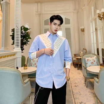 

Men Loose Casual Shirt Fashion Blue Striped Casual Shirt Male High Street Three Quarter Sleeve Shirts Stage Clothes