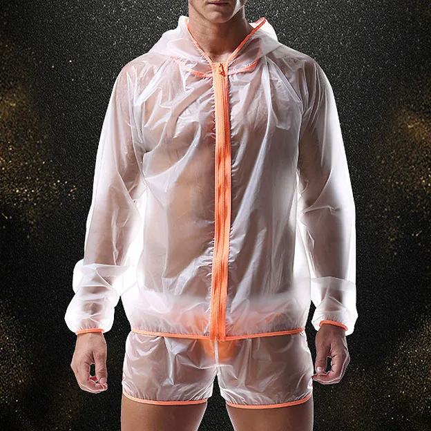 

Summer Jacket set Men ( Coat + Short ) Fashion Casual Thin Sheer Softy Transparent Travel Zipper hoodies Coat (no Brief)