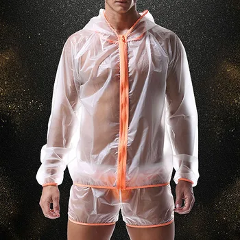 

Summer Jacket set Men ( Coat + Short ) Fashion Casual Thin Sheer Softy Transparent Travel Zipper hoodies Coat (no Brief)