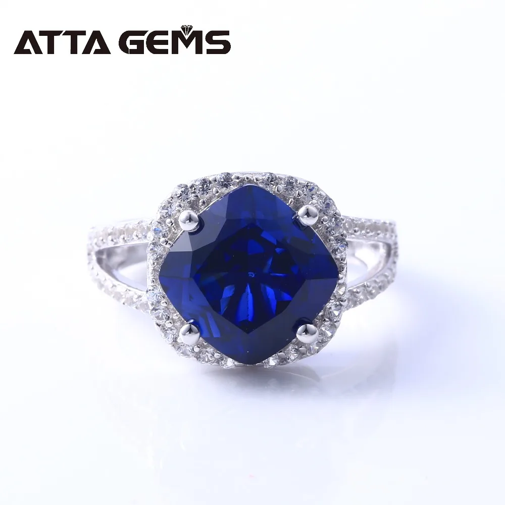 Blue Sapphire S925 Silver Rings for Women Wedding Engagement Birthday Ring 6 Carats Created Sapphire Faced Cushion Gemstone Ring