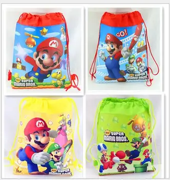 

12pcs small super mario bros theme birthday party gifts non-woven drawstring goodie bags kids favor swimming school backpacks