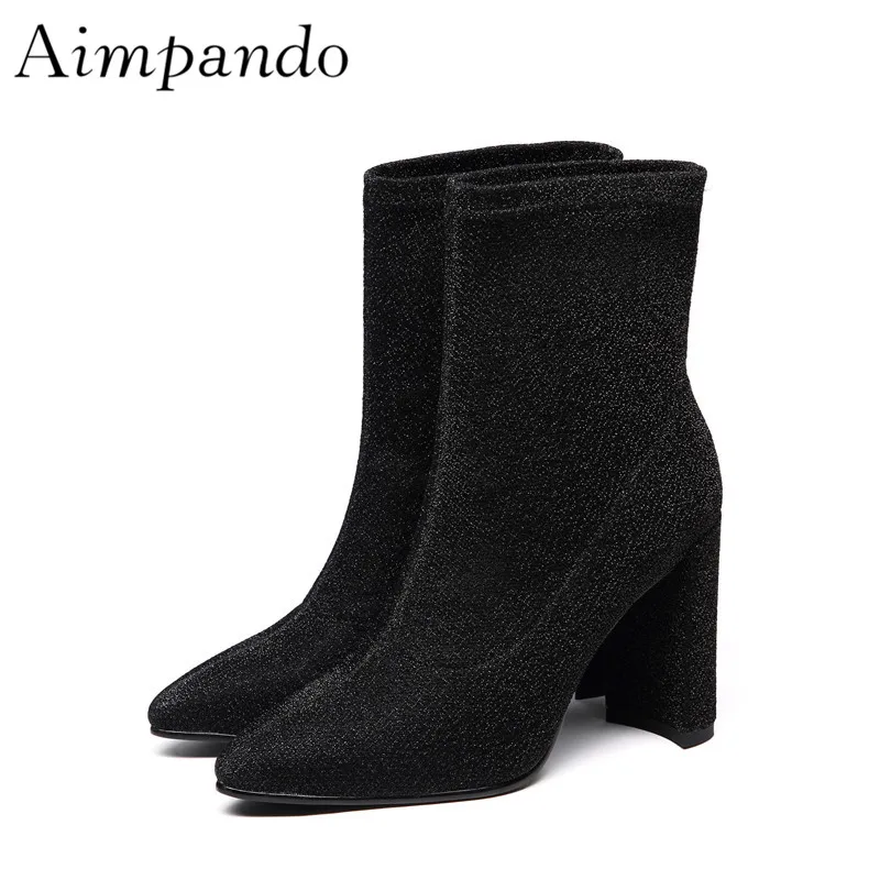 

Quality Velvet Ankle Boots Women 10cm Chunky Heel Round Toe Slim Short Booties New Autumn Winter Botas Mujer