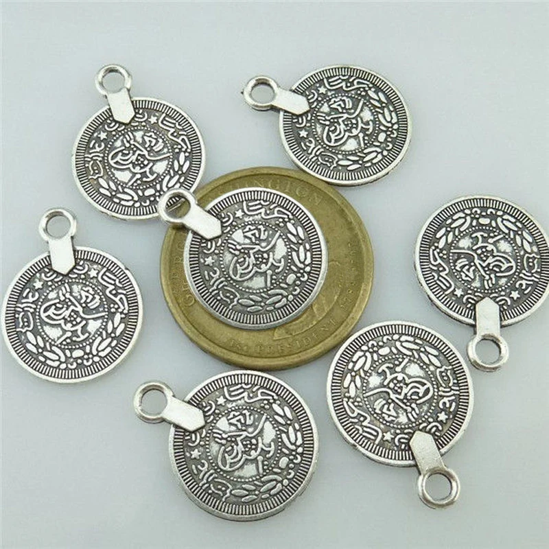 10pcs Vintage Antique Silver Plated Coin Pendant Fit Handmade DIY Earring Necklace Bracelet Charms Jewelry Making Accessories