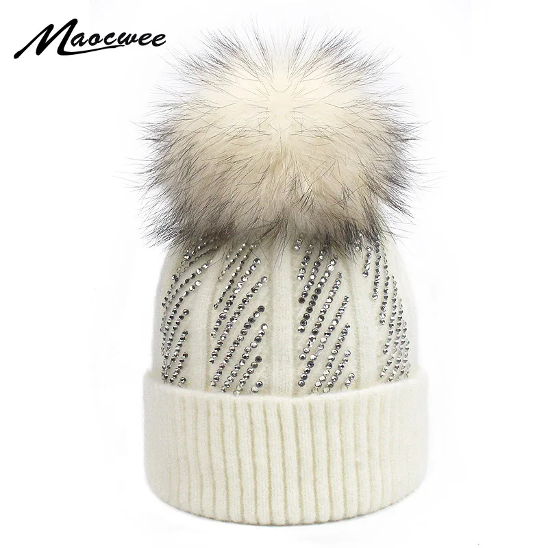 

Diamond With Thick Knitting Wool Winter Hat Women Caps Genuine Real Raccoon Fur Pompon Ladies Rhinestones Hats Beanies Skullies