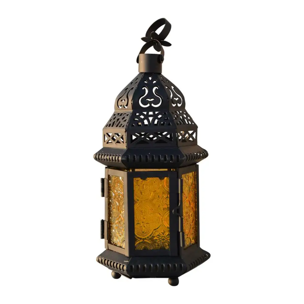 Стеклянный металлический марокканский садовый подсвечник/подвесной фонарь для рождественских праздников, вечеринок, свадеб - Испускаемый цвет: Yellow