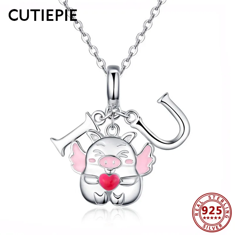 

CUTIEPIE Newest Real 925 Sterling Silver I Love You Lovely Heart Pig Link Chain Pendant Necklace for Women Romantic Jewelry Gift