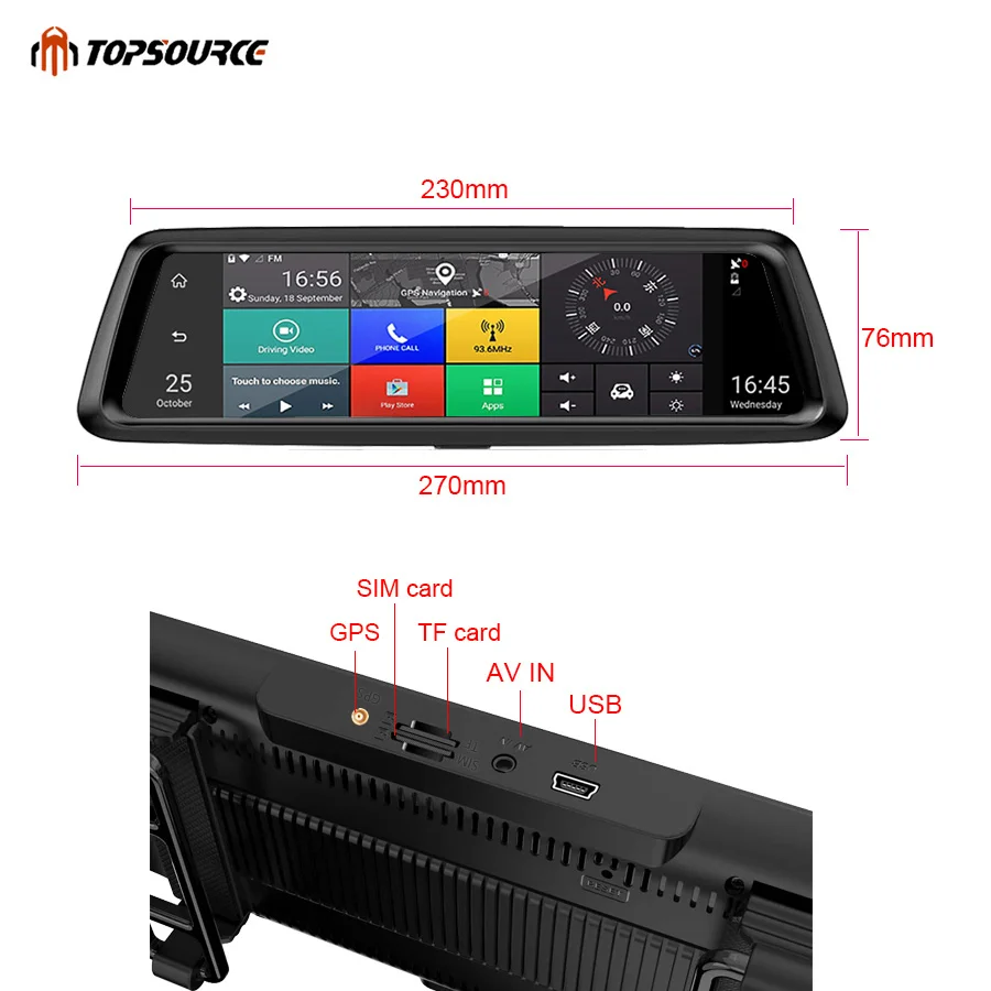 TOPSOURCE 1" Full Touch Автомобильный видеорегистратор зеркало заднего вида Android 3g 4G gps Bluetooth навигация тире камера Wifi Full HD двойной объектив