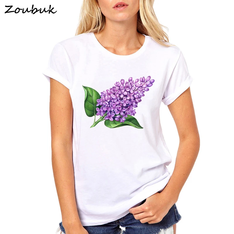 

2019 branches of lilacs printed women tshirt summer top short sleeve white t shirt female t-shirt camisetas mujer flower shirts