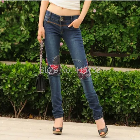 Las 2017 Largo Envío Vaqueros Más Flor Verano Gratis Estilo Xl Para Lápiz Mujeres Chino Tamaño Denim Bordado Moda Pantalones 4w5Y5tq
