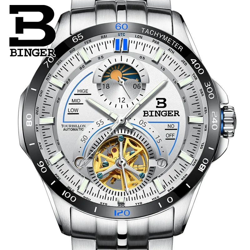 Switzerland BINGER мужские часы Лидирующий бренд Роскошные мужские часы Tourbillon автоматические механические часы из нержавеющей стали сапфир reloj - Цвет: Белый