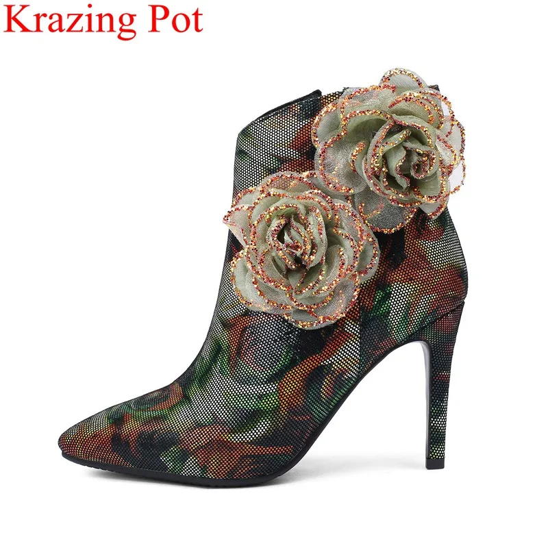 

2018 big size kid suede zipper print super high pointed toe flower nightclub women ankle boots elegant wedding winter shoes L15