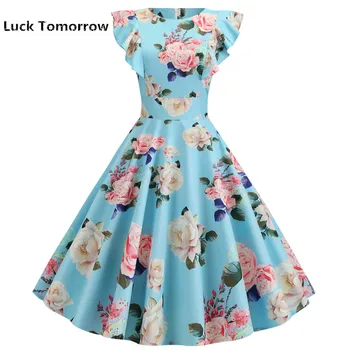 

2019 Floral Print Summer Women Dress Short Sleeve O-neck 50s 60s Vintage Rockabilly Dress Swing Party Dress Sundresses Plus Size