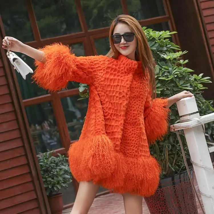 Excellent Mandarin Collar Women Vintage 100% Real Rabbit Fur Coat with Mongolia Sheep Fur Sleeve and Bottom Outwear Customize tsr327 2