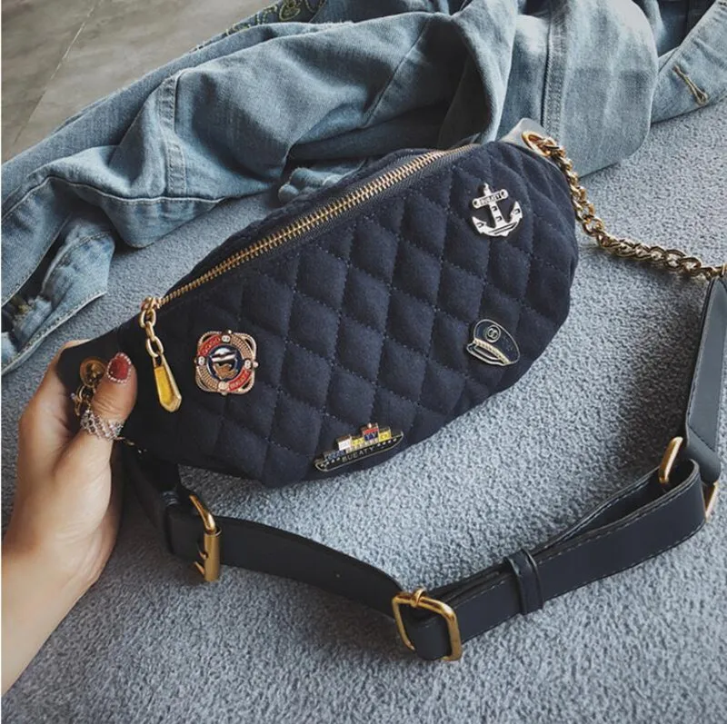 Fashion Pirate Badge Ling Grid PU Fanny Pack Waist Bag Bananka Waterproof Antitheft Women Walking Shopping Belly Band Belt Bag