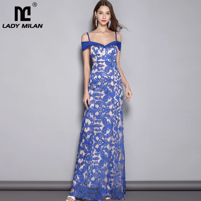 

2019 Women's Spaghetti Straps Sexy Off the Shoulder Embroidery Lace Party Prom Elegant Long Runway Dresses