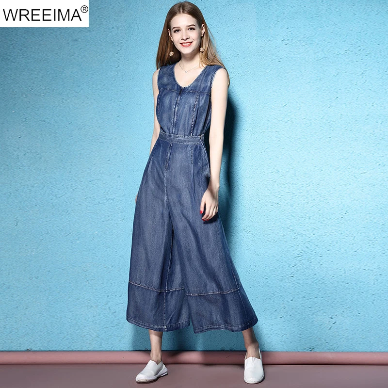WREEIMA Solid 100 Cotton Denim Jumpsuits Women Regular sleeveless Wide