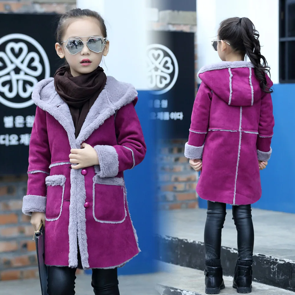 

Red Pink Purple Children Hooded Jacket Casaco Infantil Menina Hot Girls Winter Warm Coat Polyester Suede Soft Kids Outerwear