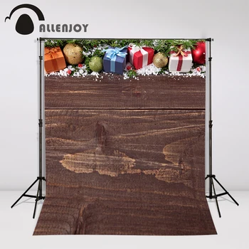 

Allenjoy Christmas brown Wooden floor gifts colorful balls snow tree photography background for a photo shoot child photography