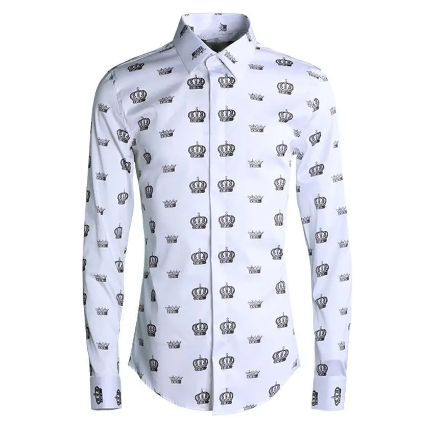 

New arrival autumn Printed Little Crown Trendy Men Fashion Casual Shirts Mens Long Sleeve high quality men plus size M-2XL3XL4XL