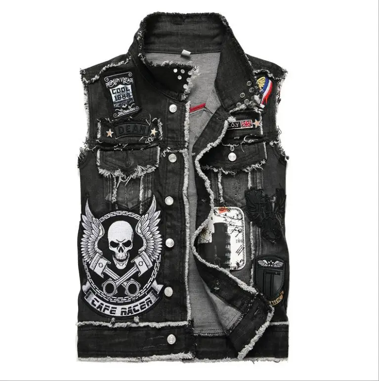 Bordado sem Mangas para Homens Colete de Denim Punk em Caveira Blusa de Moda Colete Jeans Preta Slim Masculina J2868 2020 Fit