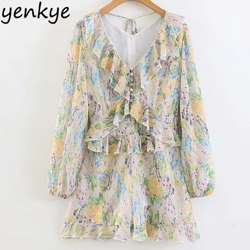 

2019 Multicolor Print Holiday Boho Beach Jumpsuit Women V Neck Long Sleeve Ruffle Summer Chiffon Jumpsuit Short mono mujer