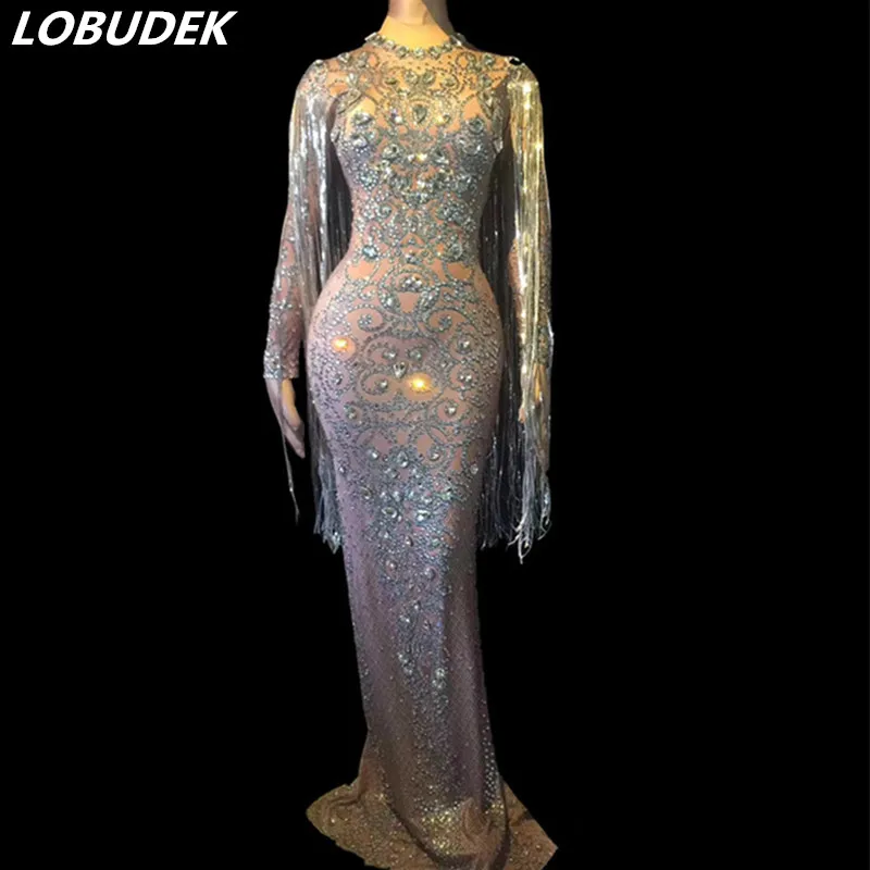Lange Mouwen Crystal Kwasten Lange Avondjurk Prestaties Modeshow Jurken Nachtclub Zangeres Concert Party Show Dress Lange Mouwen Crystal Kwasten Lange Avondjurk Prestaties Modeshow Jurken Nachtclub Zangeres Concert Party Show Dress