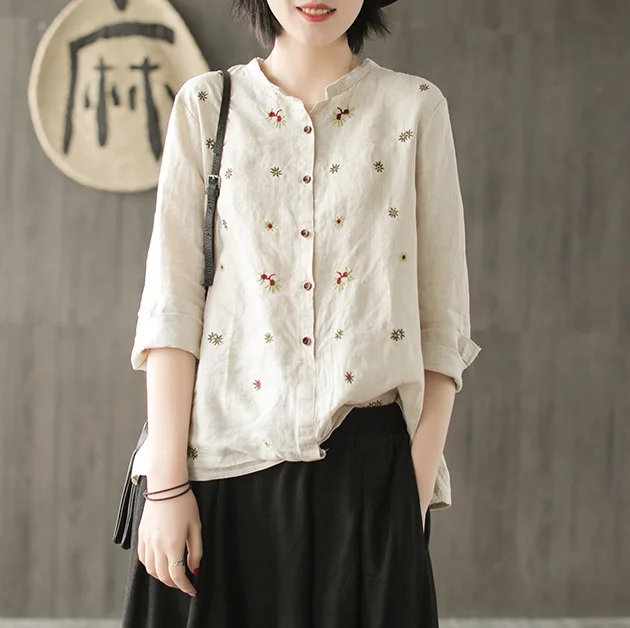 Летняя хлопковая льняная рубашка женская с коротким рукавом Свободная с рукавом три четверти Женская Mori Girl модная блузка YoYiKamomo