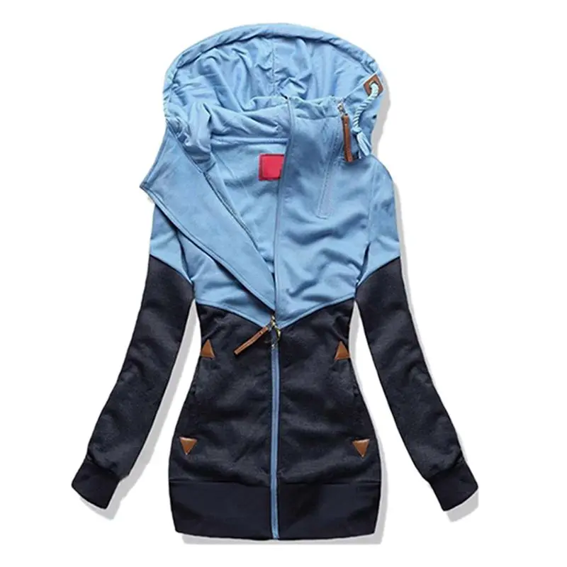 

Women Fashion hooded Drawstring Colorblock Sweatshirt Coat Double zipper Design Long Sleeve Casual Outerwear Plus Size blue bl