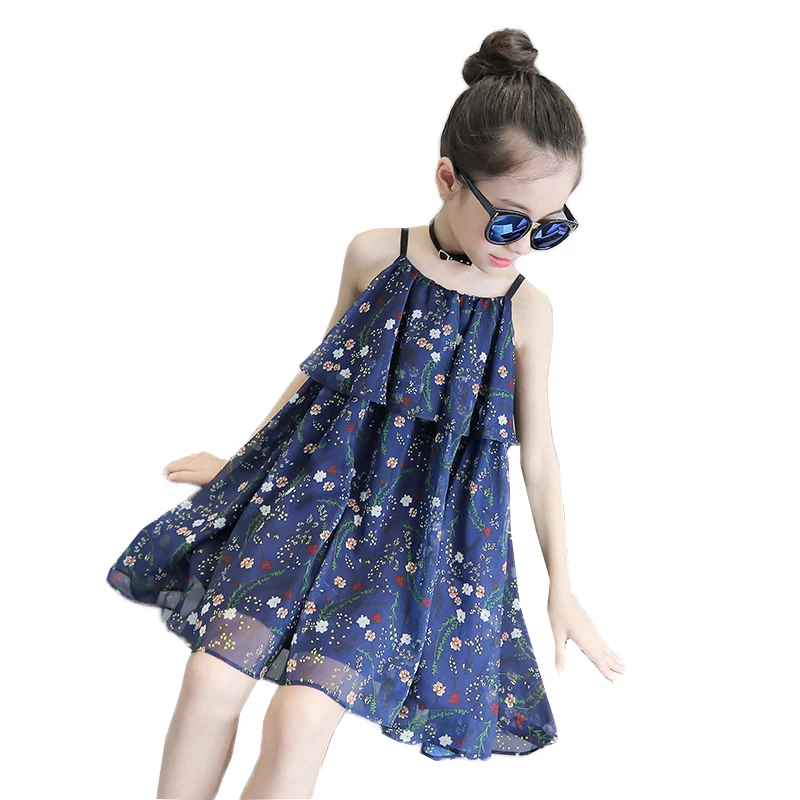 

Girls Chiffon Flower Summer Dress 2019 Summer New Children Korean Floral Dress Baby Kids Princess Slip Dress, White/ Blue
