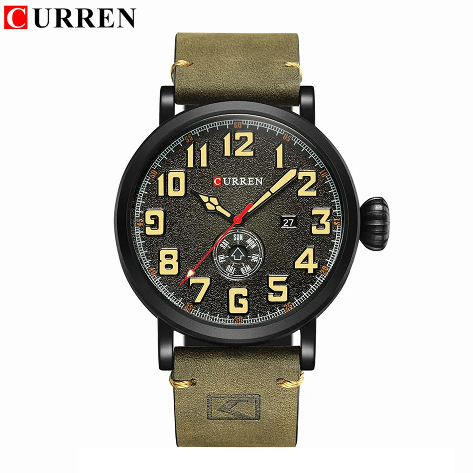 Curren часы спортивные часы для мужчин водонепроницаемый пилот кварцевые аналоговые часы Дата мужские кожаные часы для мужчин военный Топ бренд Мужские часы - Цвет: Green Black Black