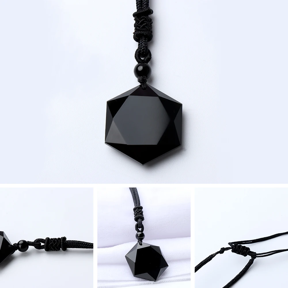 1PC Men&Women Natural Black Obsidian Stone Necklace Six Stars Pendant Energy Stone Necklace Sweater Chain Fashion Lucky Jewelry