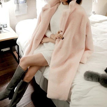 

Fur coat female long section 2018 autumn and winter fashion imitation Rex Rabbit Fur loose coat Turn-down Collar jacket