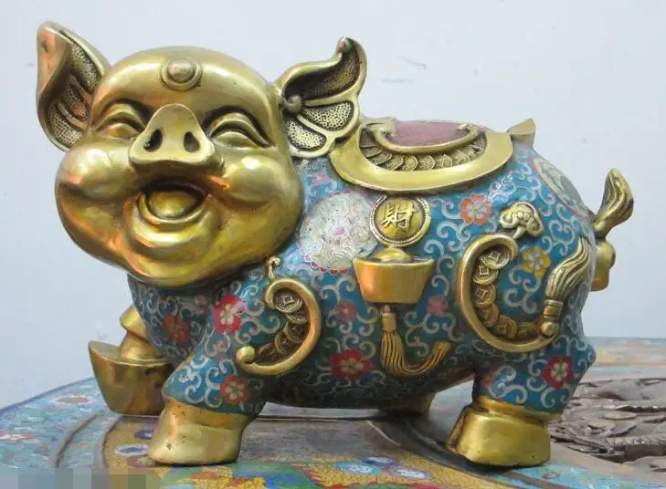 

S03257 14"Chinese collection Bronze gold Cloisonne Luck Ru Yi Wealth money pig Statue (B0413)