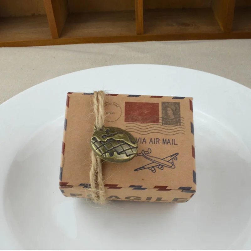 50 шт./лот, винтажная коробка для конфет из крафт-бумаги, воздушная почта, тема для путешествий, свадебные сувениры, подарочные коробки с канат джутовый вечерние, Декор
