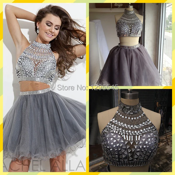 Hot Sale Silver Grey Beaded Short Tulle Two Piece Prom Dress 2014in