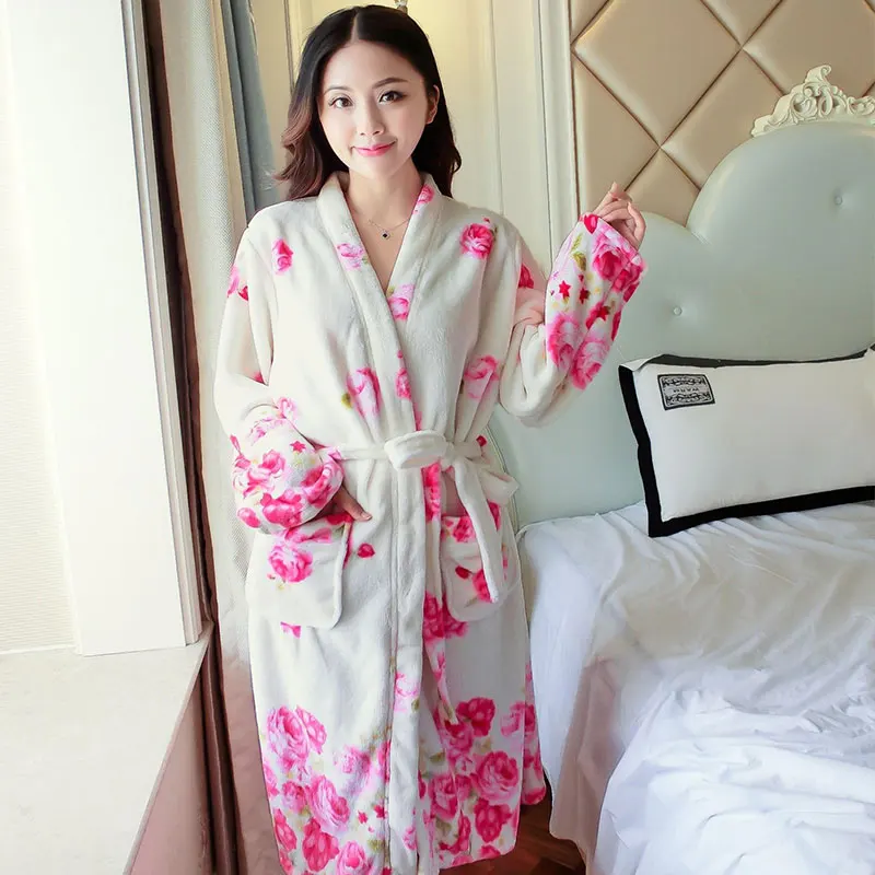 Long Bathrobe Women Flannel Bath Robe Winter Flannel Women's Long