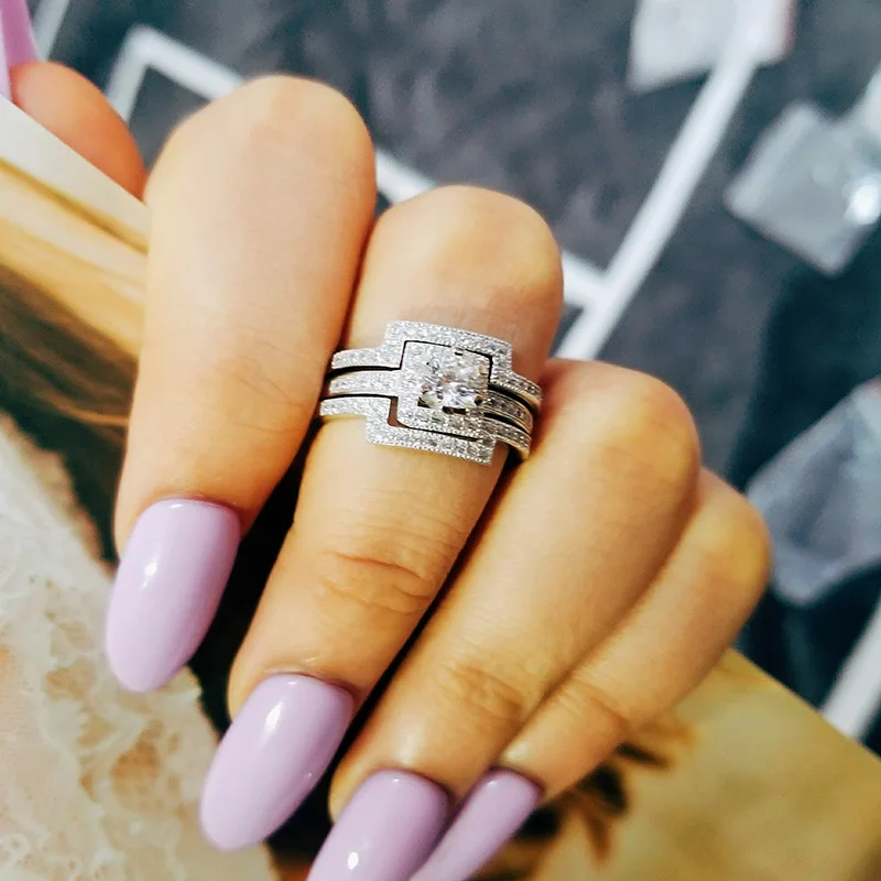 

925 sterling Silver Three Band wedding Ring set for women bridal 3 in 1 jewelry R1431s