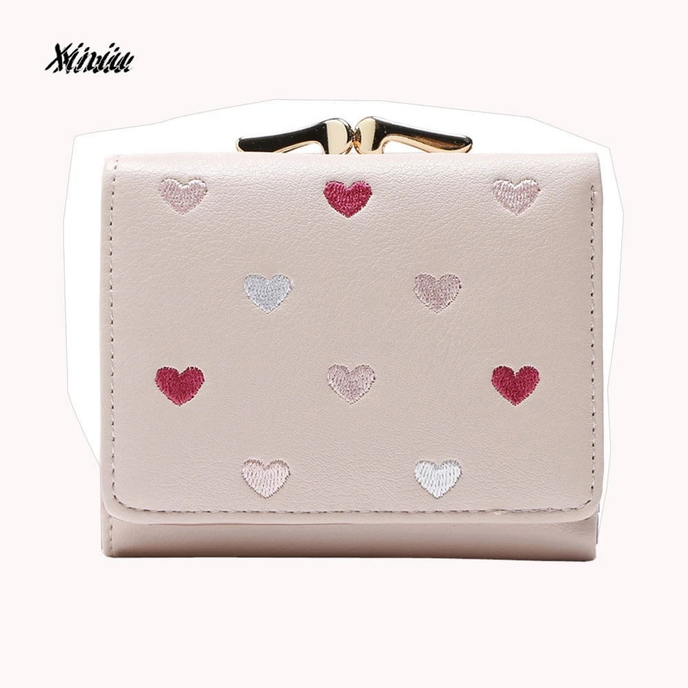 Women Cute Wallets Candy Color Heart Shape Embroidery Wallet Large Capacity Cute Card Holder ...