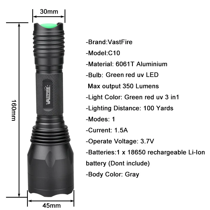 C10 ультра яркий светодиодный светильник-вспышка для охоты 1 Режим зеленый/красный/УФ-светильник 3 цвета в 1 Тактический светильник-вспышка для аккумулятора 18650