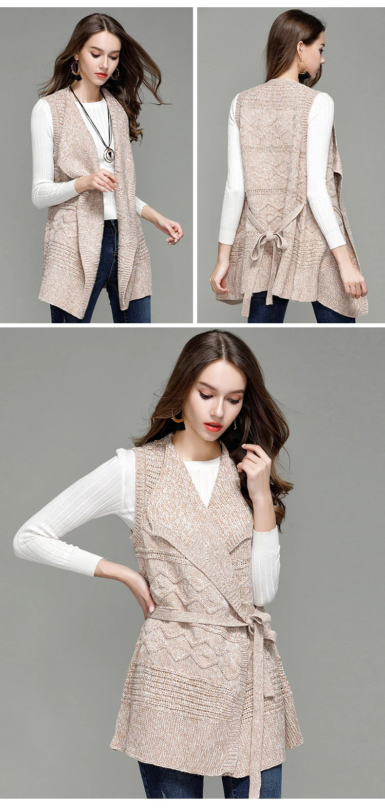 Fashion new European and American women's long paragraph lapel knit cardigan sleeveless vest sweater coat female (2)