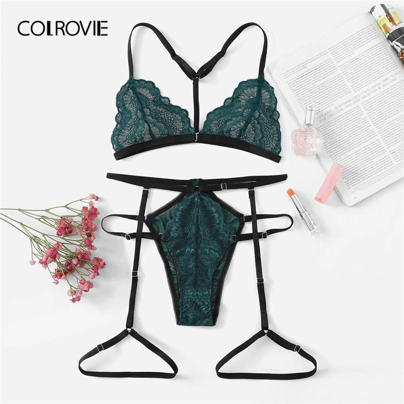 

COLROVIE Navy Lace And Mesh Garter Lingerie Set New Summer Sexy Bra Set Lace Intimates Transparent Bra And Panties Set