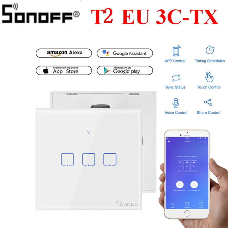 SONOFF T2EU US/UK TX Smart Wifi сенсорный настенный выключатель света с рамкой умный дом 1 ~ 3 банды 433 RF/Voice/APP Управление работает с Alexa