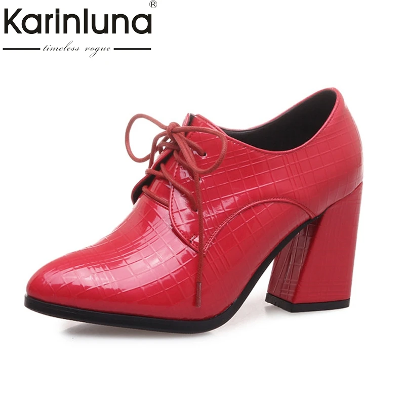

Karinluna Women's Vintage Chunky High Heels Lace Up Pointed Toe Shoes Woman Less Platform Pumps 2018 Big Size 33-43