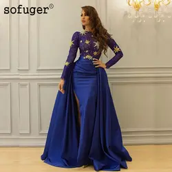 Королевский синий рукав вечерние платья с высоким разрезом прозрачный бюст блесток звезда Sofuge Арабский мусульманский особых случаев