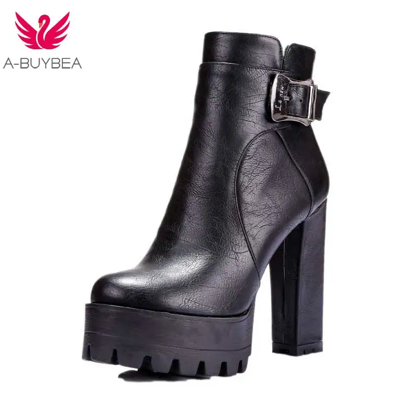 Goedkoop Vrouwen Dames Lente Herfst Vierkante Chunky Super Hoge Hakken Vegan Lederen Enkellaarsjes Schoenen Vrouwelijke Martens Laarzen Schoenen Basic Nieuwe