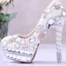Pearl Wedding Dress Shoes Rhinestone Bridal Shoes high heel Platform Pumps White Lady Woman Party Prom Shoes