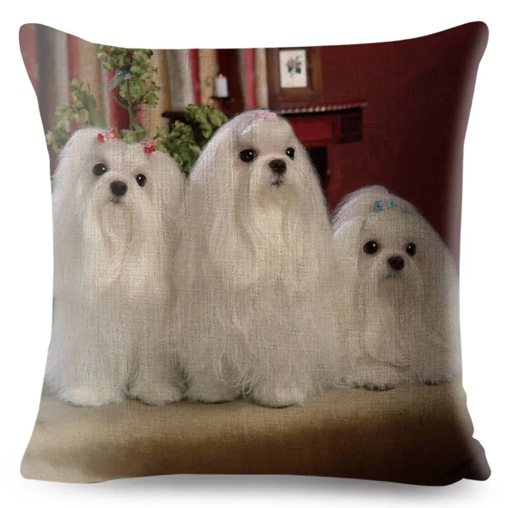 Cute Animal Pet Maltese Dog Pillow Cover Linen Cushion Covers 45*45cm Square Pillow Case Sofa Car Home Decoration Pillowcase