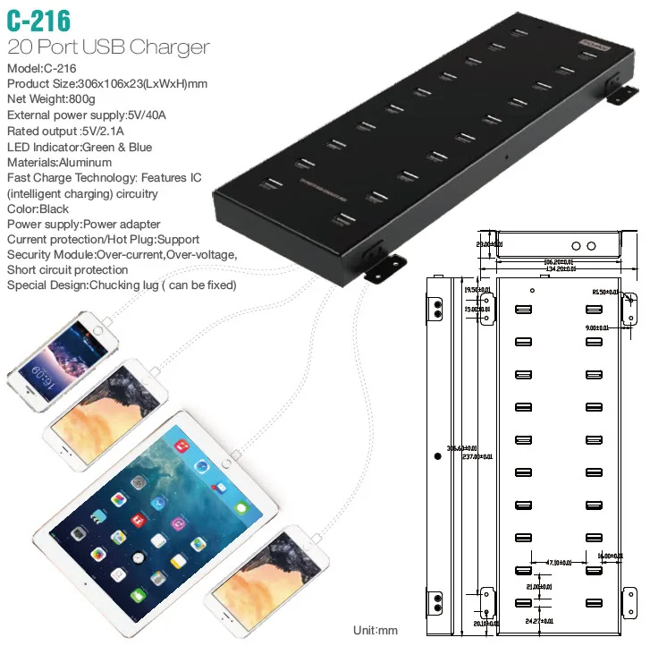

US/EU/UK/AU Plug USB Charging Station black 20-Port 100W USB Charger for Multiple Android devices