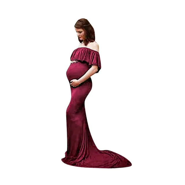 Summer Women Pregnant Off Shoulder Props Nursing Solid Pregnant Long Dress Woman One-Neck Collar Ruffled Photography Tail Dress