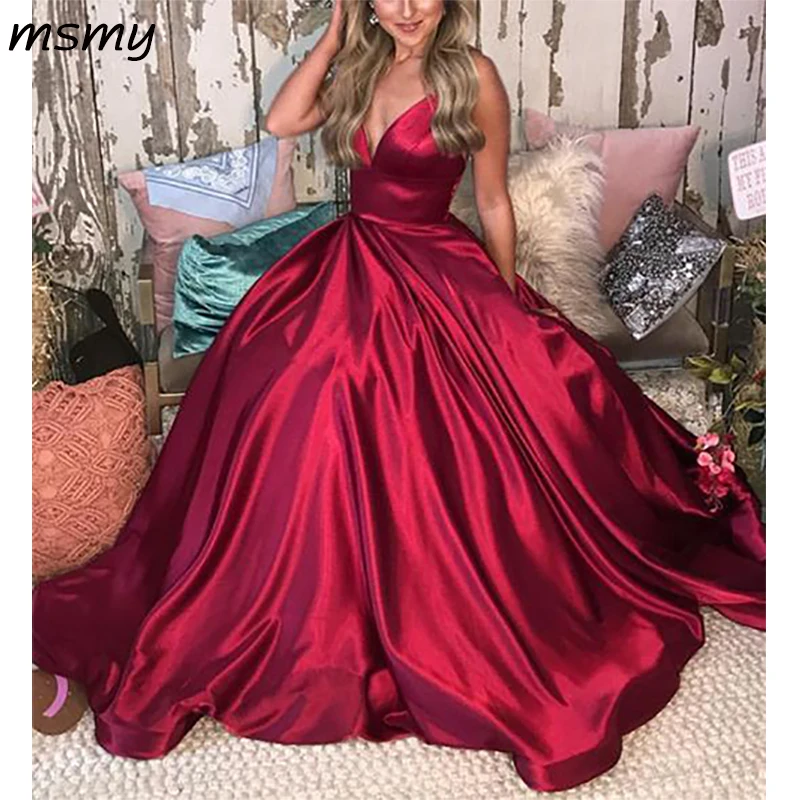 

2019 Simple Red V-Neck A-Line Prom Long Dresse Satin Floor Length Sleeveless Pleat Ruched Evening Dresses Custom Made